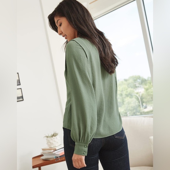 Crew Neck Popover Blouse With Long Puffy Sleeves - Picture 2 of 7